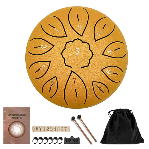 Tongue drum nomade jaune tenu dans une main