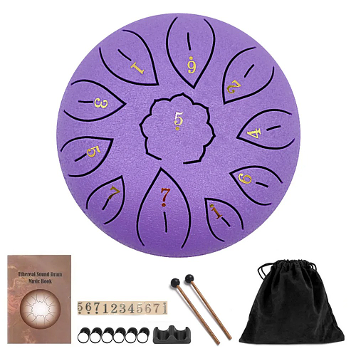 Tongue drum nomade violet posé sur un rocher en extérieur
