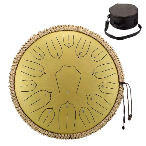 Tongue drum mandala gravé vu de dessus, 15 notes en 432 Hz