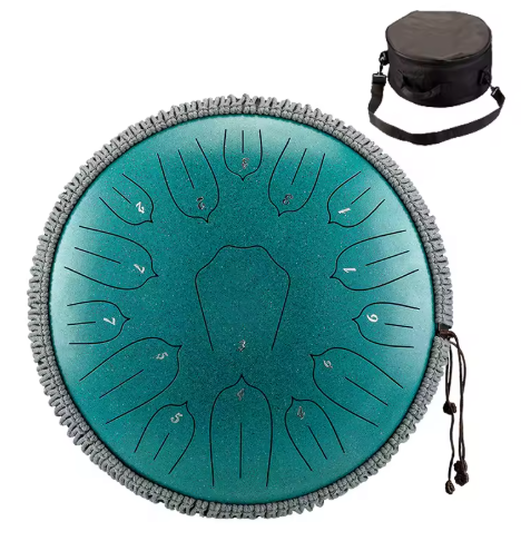 Détail du mandala gravé sur le dessus du tongue drum