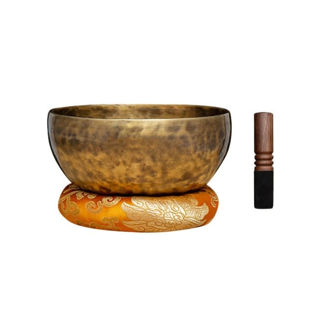 Bol chantant bronze de 20 cm sur son coussin, maillet posé à côté