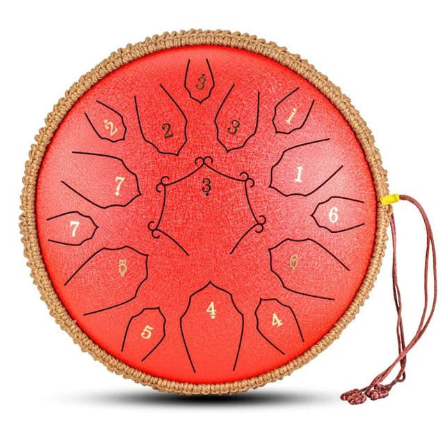 Vue de profil d'un steel tongue drum à longue résonance