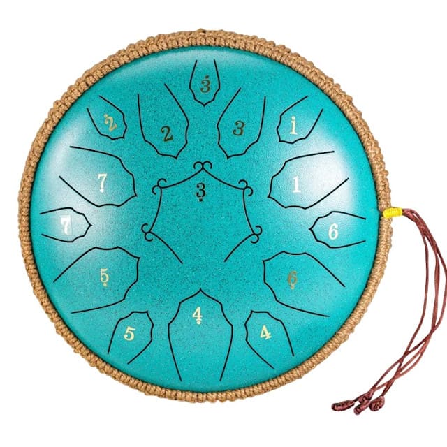 Steel tongue drum 30 cm vu de dessus, 15 notes en 432 Hz